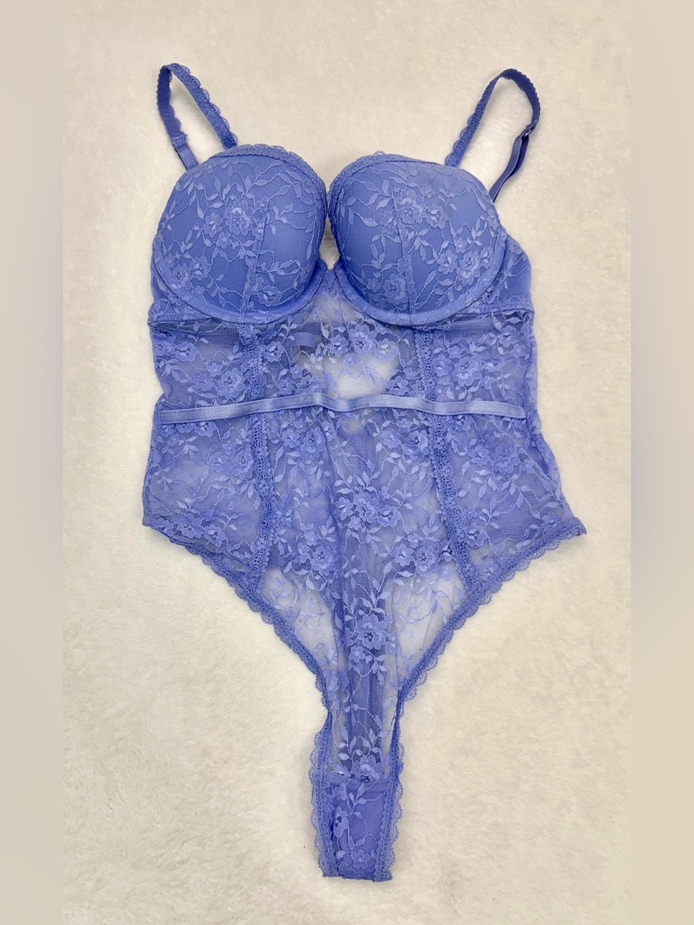 Women Purple Floral Lace Lingerie Teddy Bodysuit Padded Underwire Thong One Piec